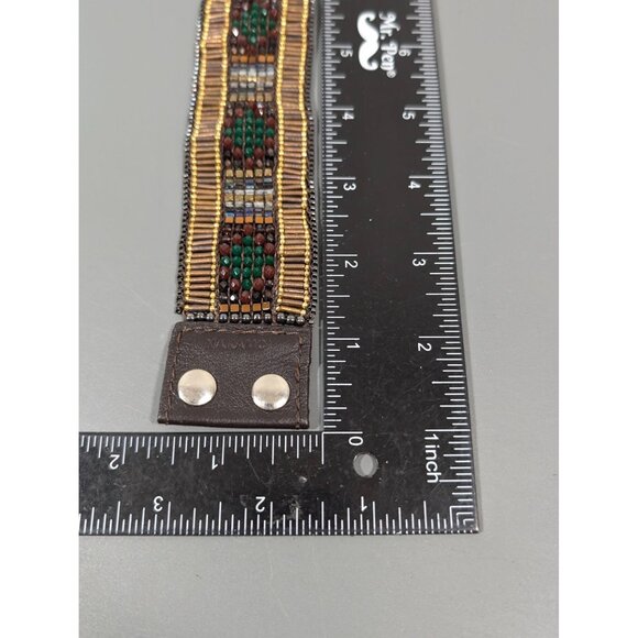 Nakamol Red Green Bead Brown Leather Snap Cuff Wide Bracelet 6.5" - Picture 8 of 9